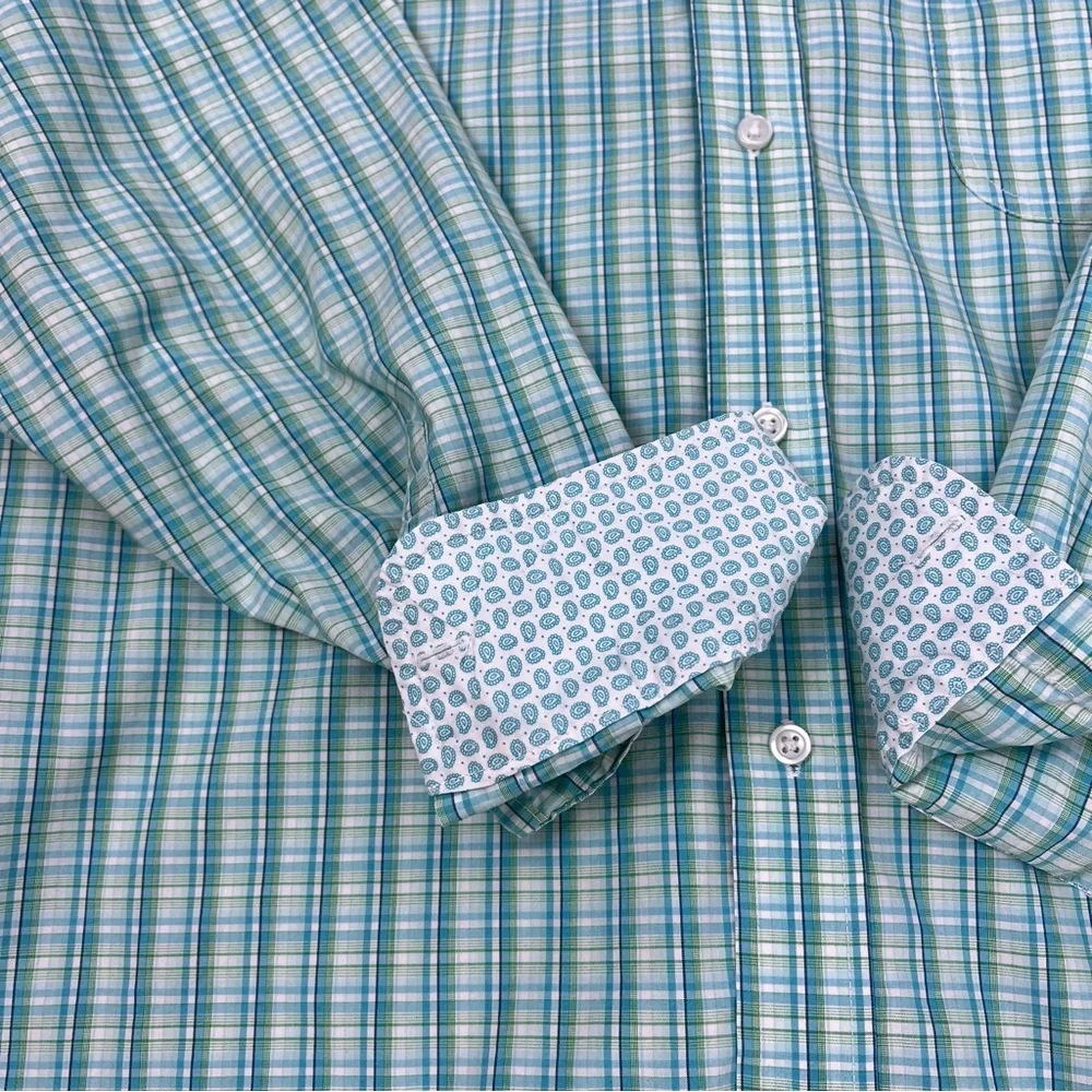 Wrangler George Straight Button Down Turquoise Plaid Contrast Trim Dress Shirt